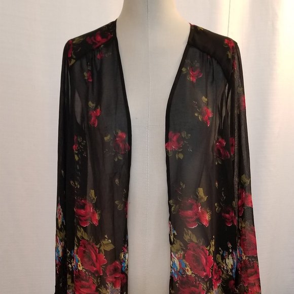 Sheer Black Floral Fringe Kimono S - Picture 2 of 9